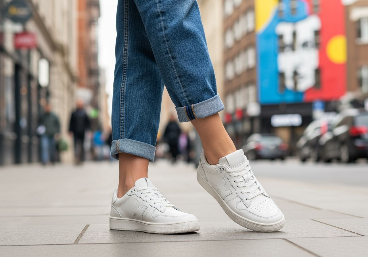 Stylowe sneakersy na stopach młodej kobiety w jeansach, miejskie tło, naturalne światło, casualowy klimat