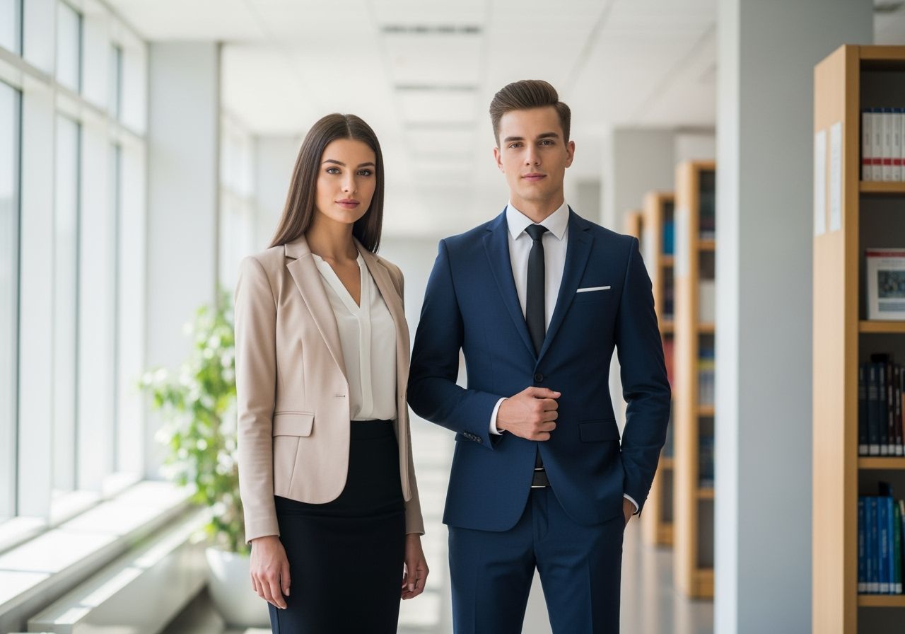 Młody profesjonalny mężczyzna i kobieta w formalnym ubiorze stoją w jasnym korytarzu uniwersyteckim.