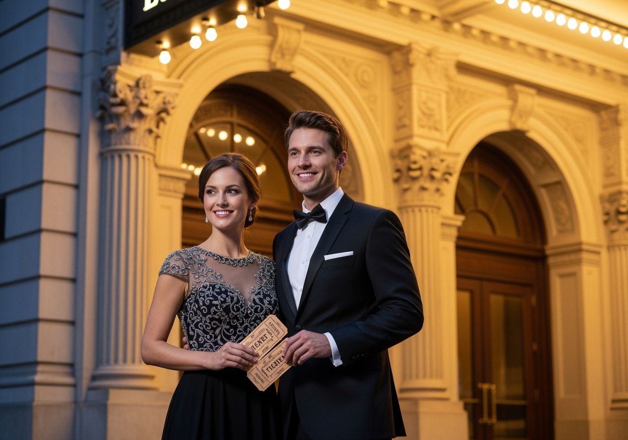 Para przed wejściem do teatru trzymająca bilety, elegancki strój, wieczorne oświetlenie, klasyczna fasada