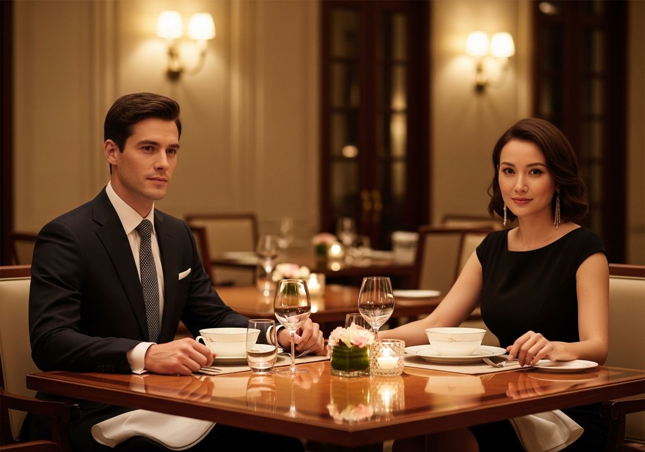 Para elegancka w restauracji hotelowej podczas kolacji przy drewnianych stolikach z dekoracjami i świecami