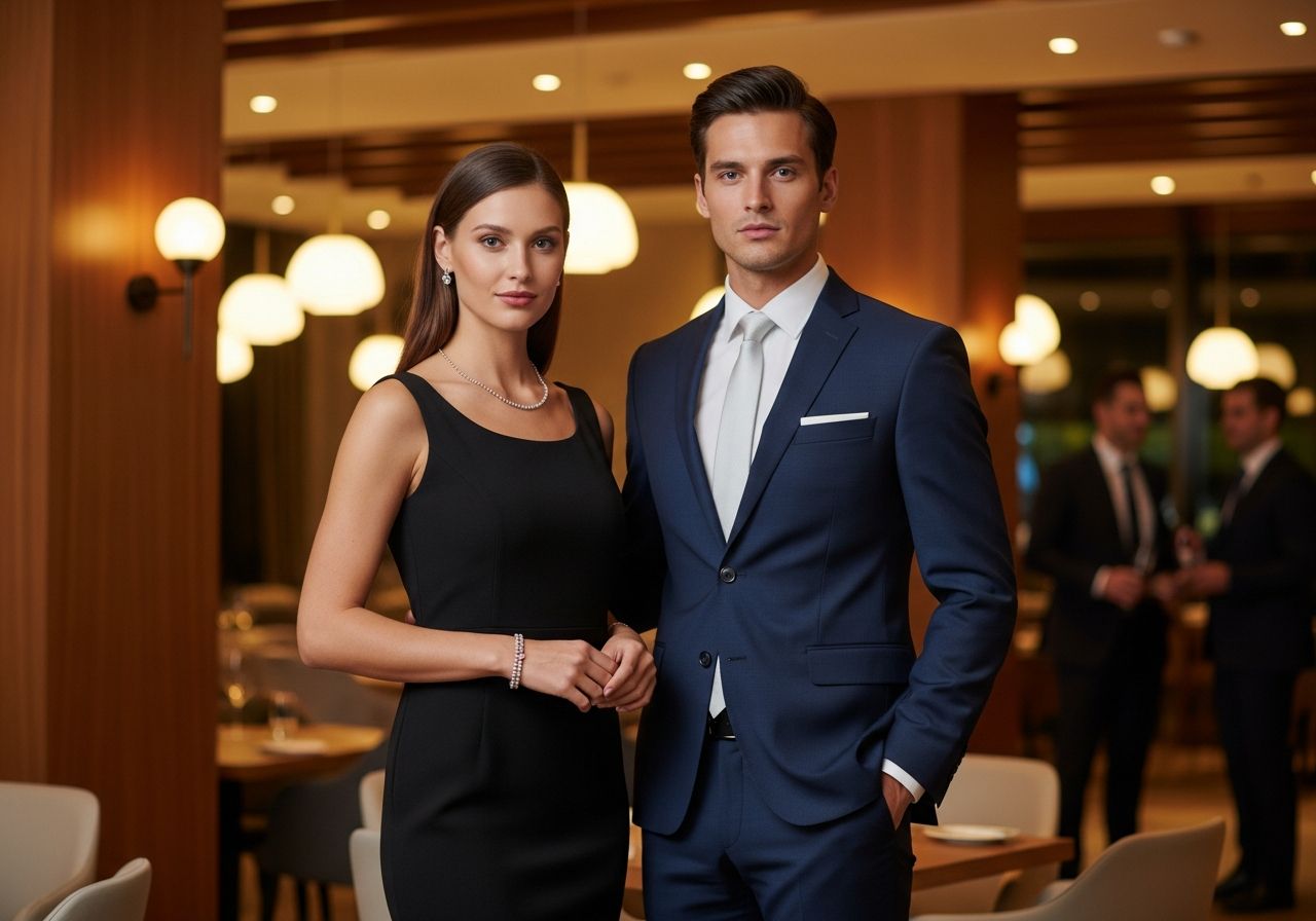 Stylowo ubrana para na kolacji biznesowej w eleganckiej restauracji z ciepłym oświetleniem i nowoczesnym wnętrzem