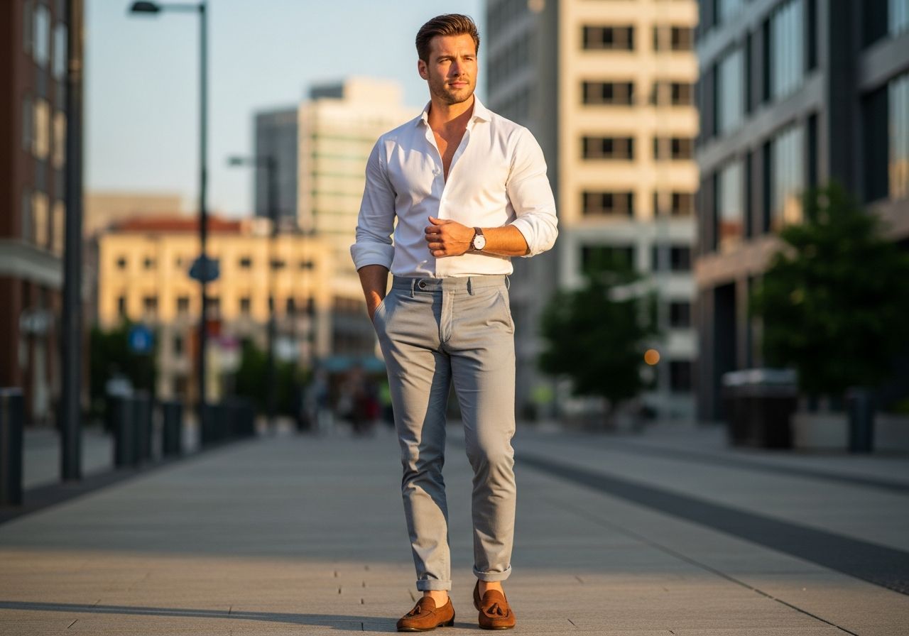 Mężczyzna w smart casual stoi pewnie w miejskim otoczeniu podczas złotej godziny, ubrany w białą koszulę i szare spodnie