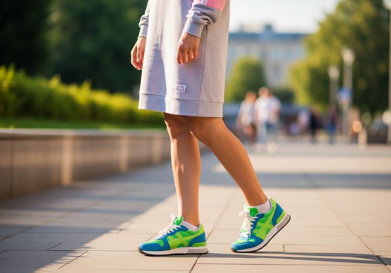 Młoda kobieta w sportowej sukience i wygodnych sneakersach stoi na ulicy w słoneczny dzień.