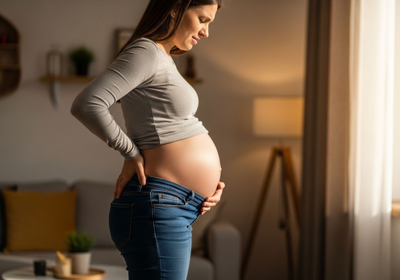 Kobieta w ciąży w ciasnych jeansach trzymająca bolący brzuch w domowym wnętrzu.