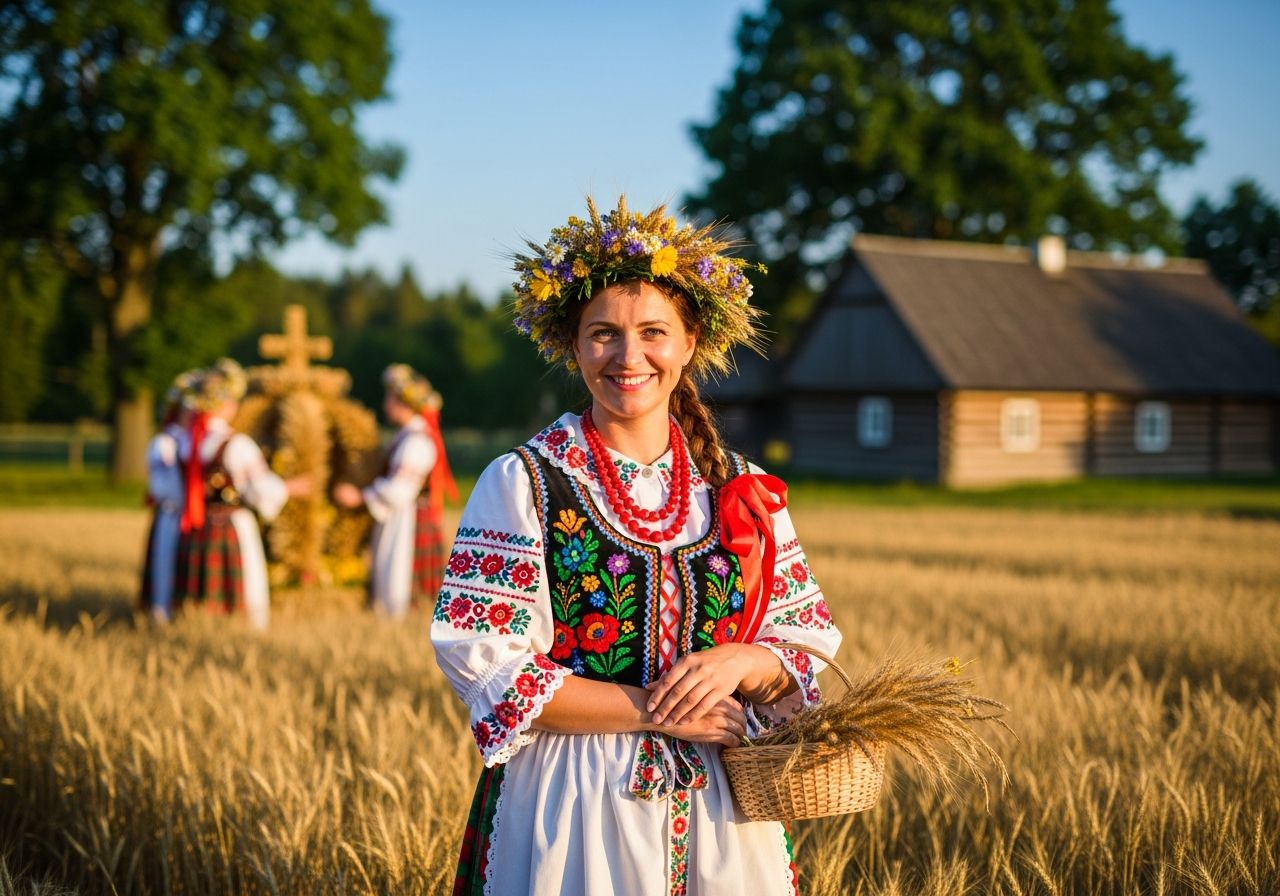 Kobieta w tradycyjnym stroju dożynkowym stoi na polu pszenicy z koszykiem i wiankiem na głowie.