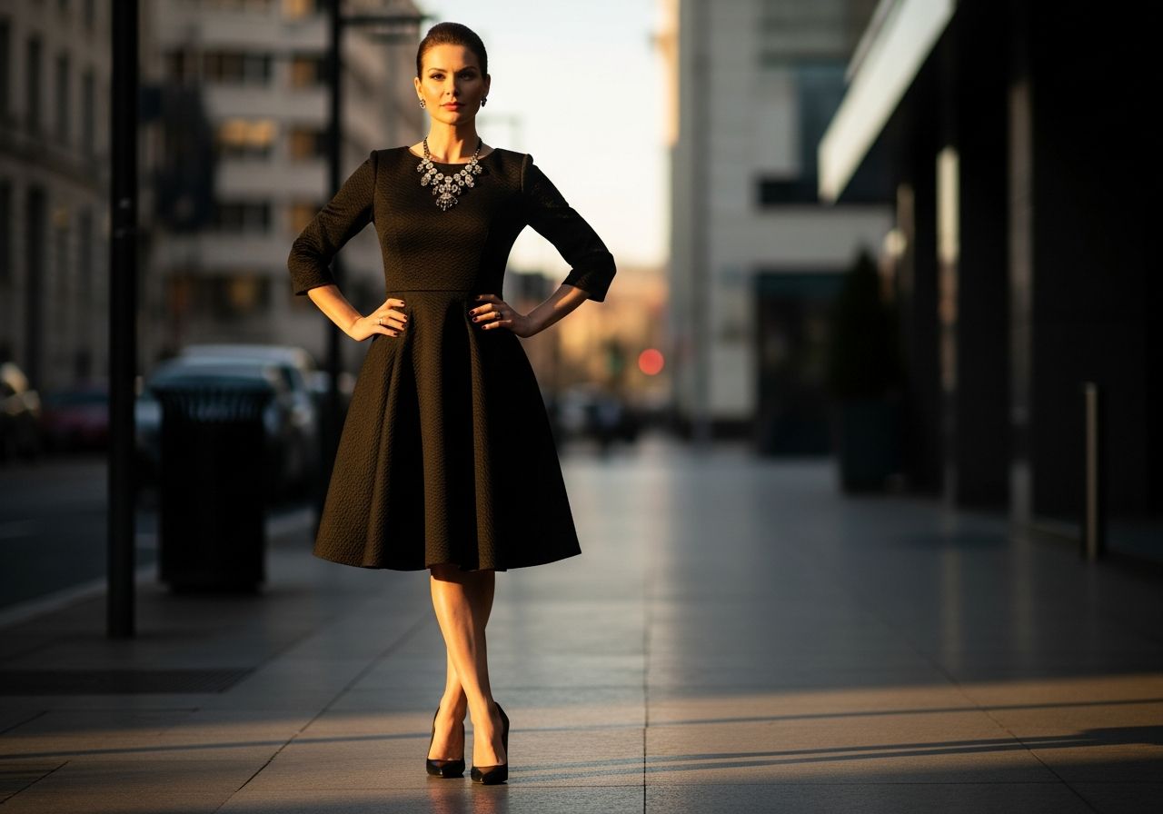 Kobieta w czarnej sukience stoi na ulicy miasta o zachodzie słońca, w modnej stylizacji i z eleganckimi dodatkami.