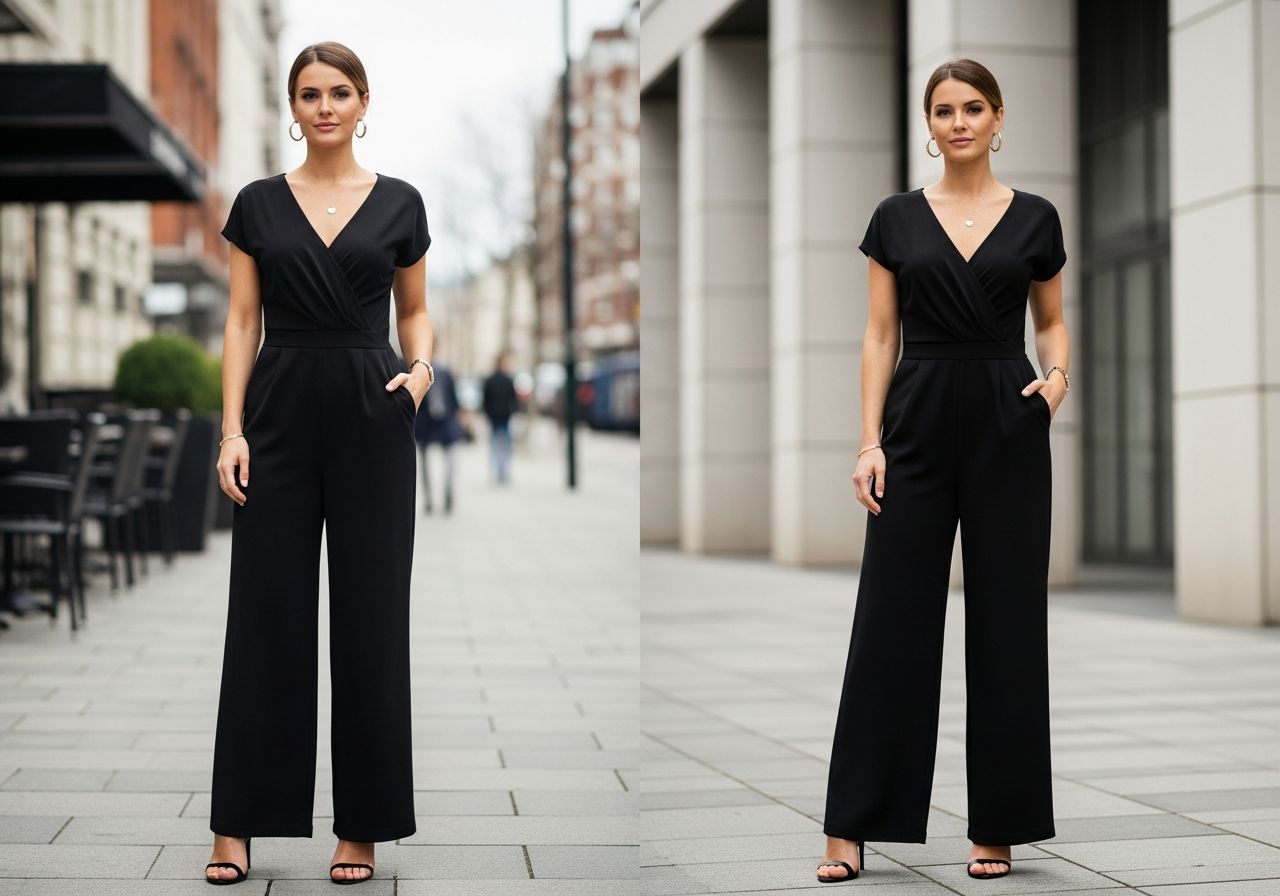 Kobieta w eleganckim czarnym kombinezonie w miejskim otoczeniu łączącym elementy casual i formalne.