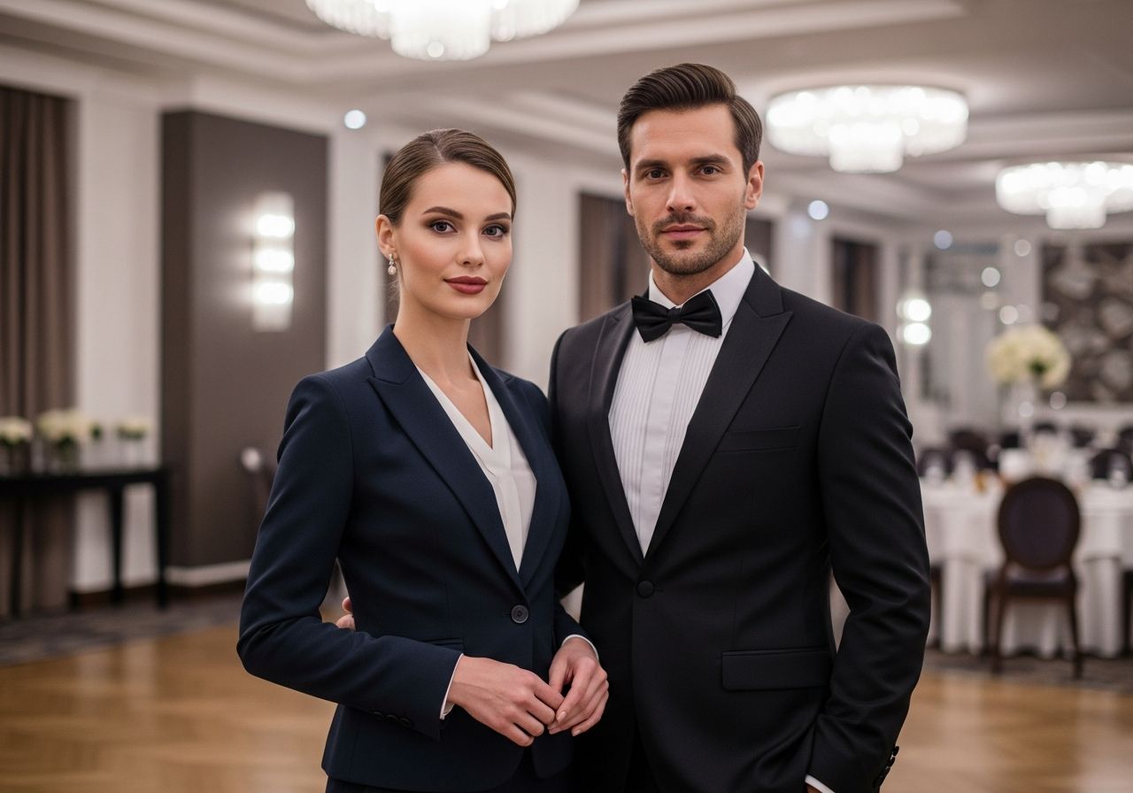 Bizneswoman i biznesmen w eleganckich strojach na uroczystej gali w nowoczesnej sali bankietowej