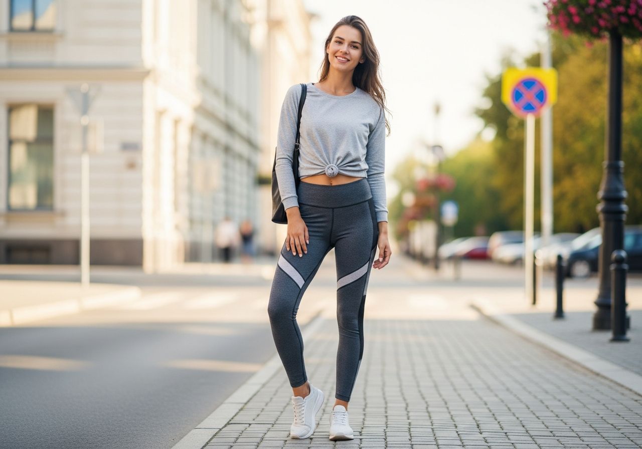 Młoda kobieta w legginsach stoi swobodnie na miejskiej ulicy, łącząc styl casual i sportowy.