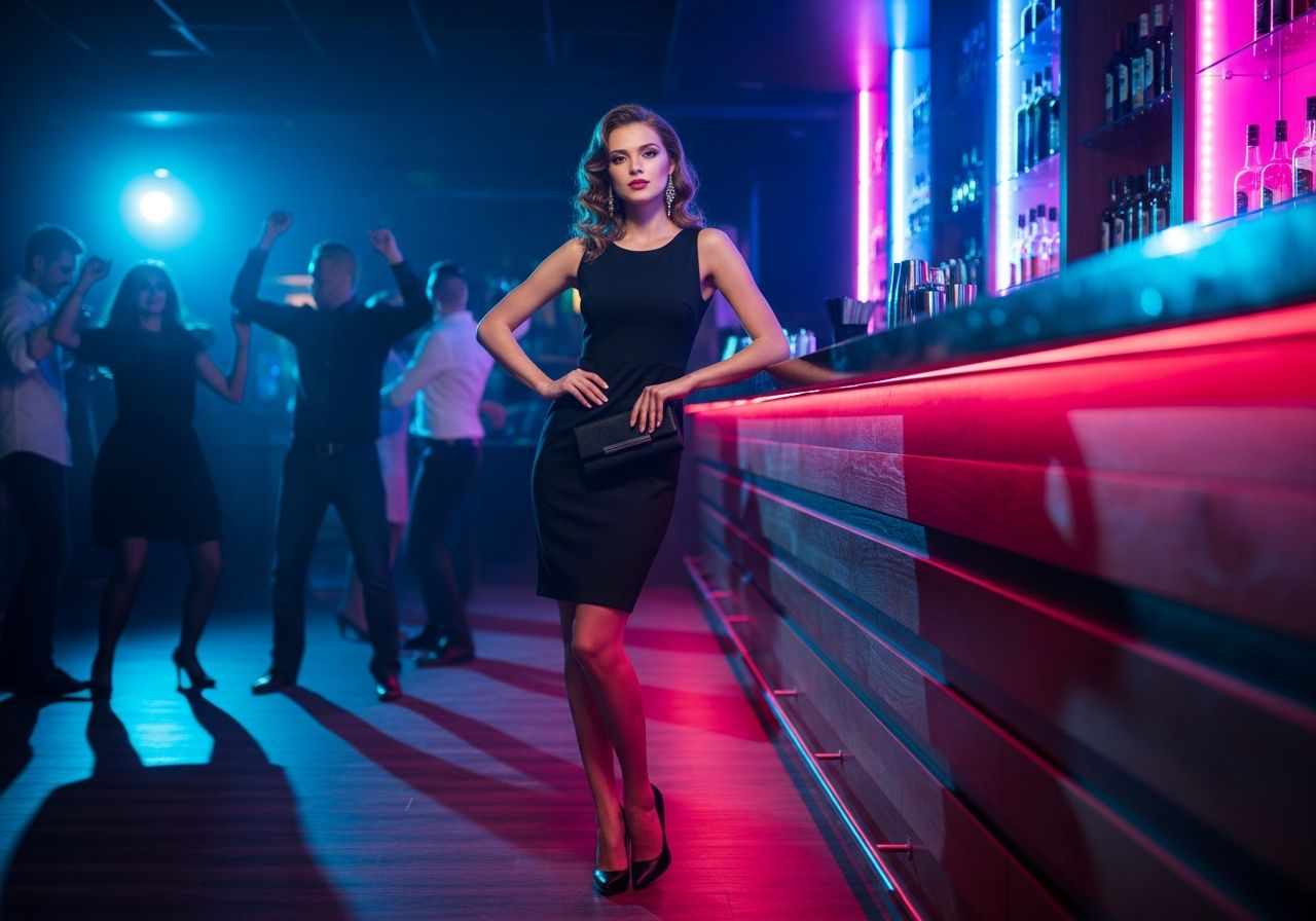 Stylowa kobieta w czarnej sukience stoi przy barze w klubie nocnym z kolorowym oświetleniem.