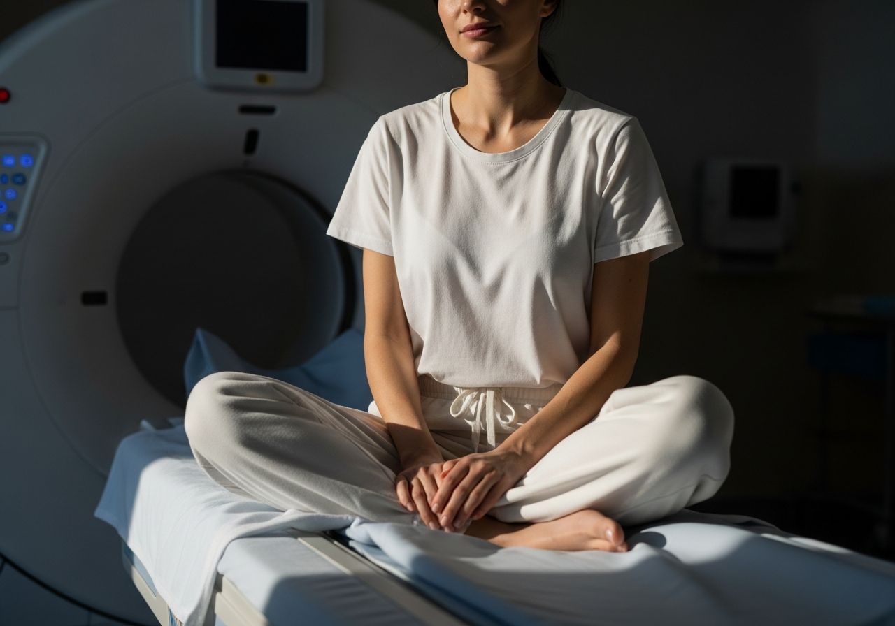 Kobieta siedzi spokojnie na łóżku szpitalnym, w tle nowoczesny skaner tomografii komputerowej.