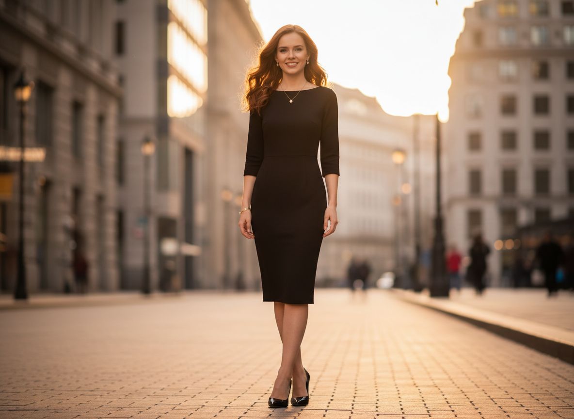 Młoda kobieta w małej czarnej sukience stoi na ulicy miasta podczas złotej godziny.