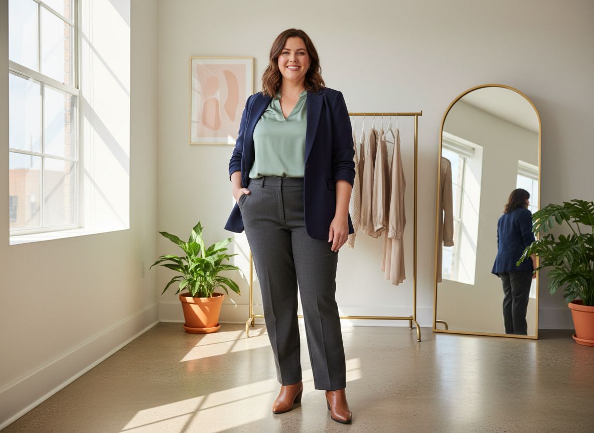 Kobieta plus size w wygodnej stylizacji: granatowa marynarka, zielona bluzka, ciemne spodnie i botki.